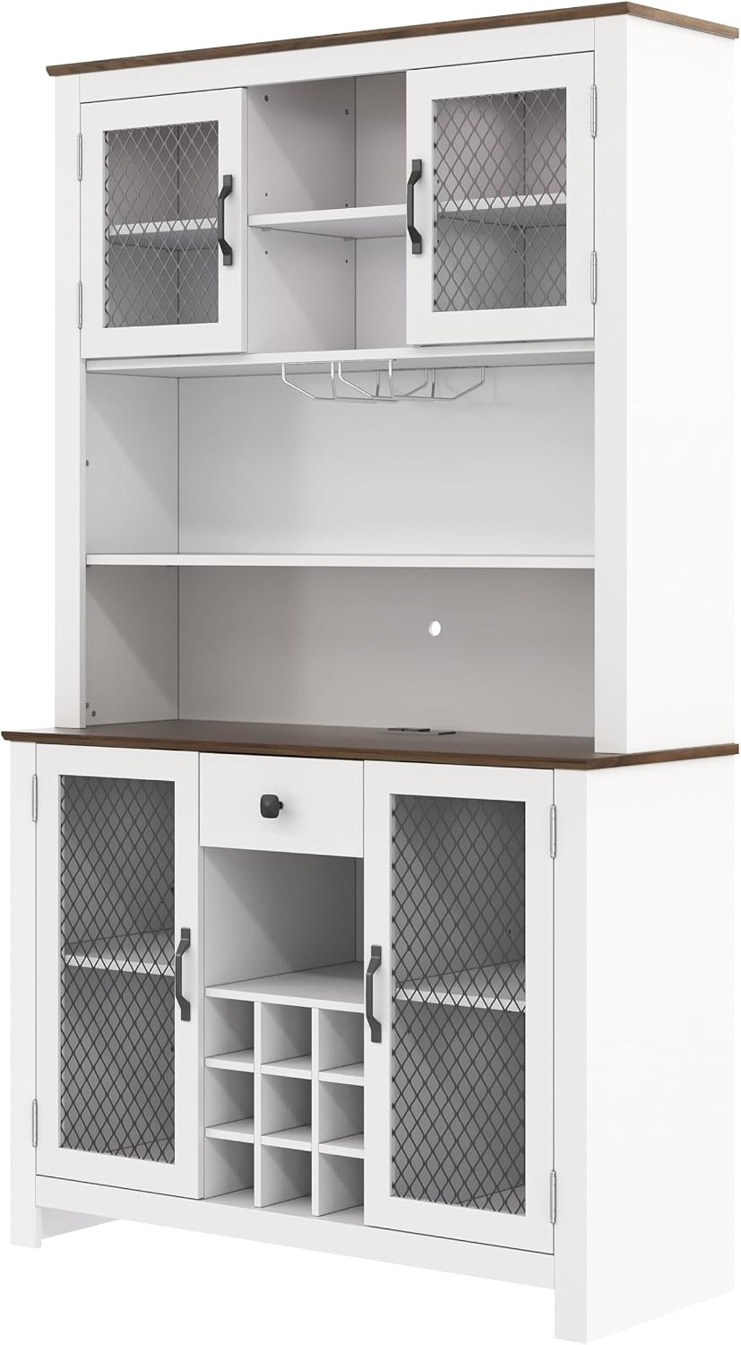 Homy Casa 71" Tall Pantry Cabinet with Hutch 47.1" Wide Buffet Sideboard with Wine Rack Glass Holders Drawer LED Lights and Charging Station for Kitchen Dining Room and Living Room