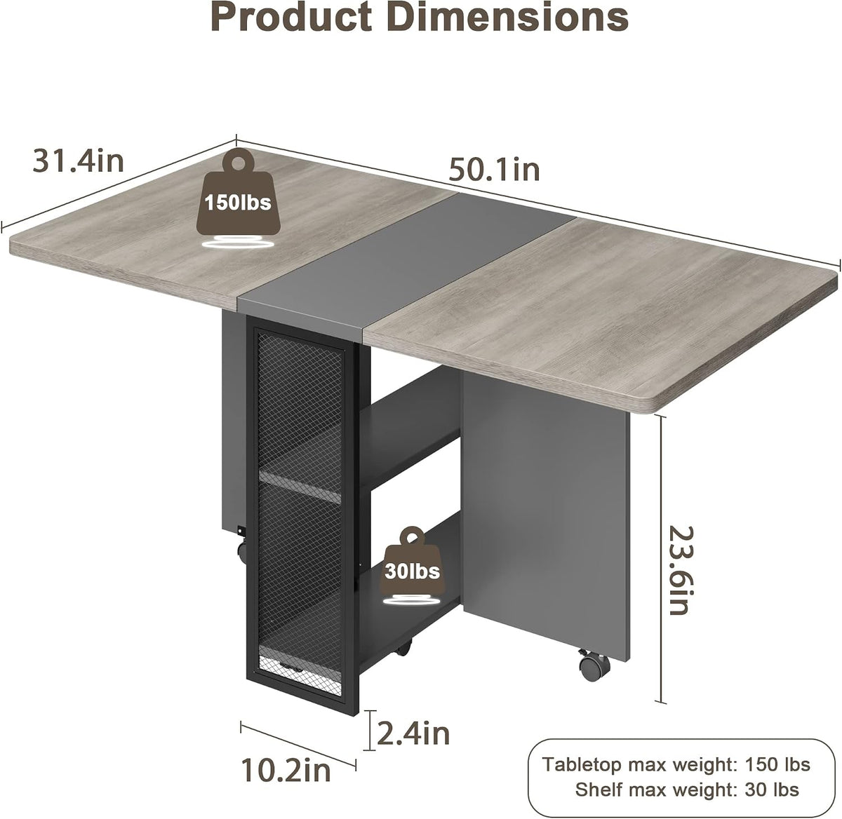 IDEALHOUSE FoldingTable, Drop Leaf Dining Table with 6 Wheels and 2-Layer Storage Shelf, Space Saving Table for Small Spaces (Slate Oak, 50.1" D x 31.4" W x 29.5" H)