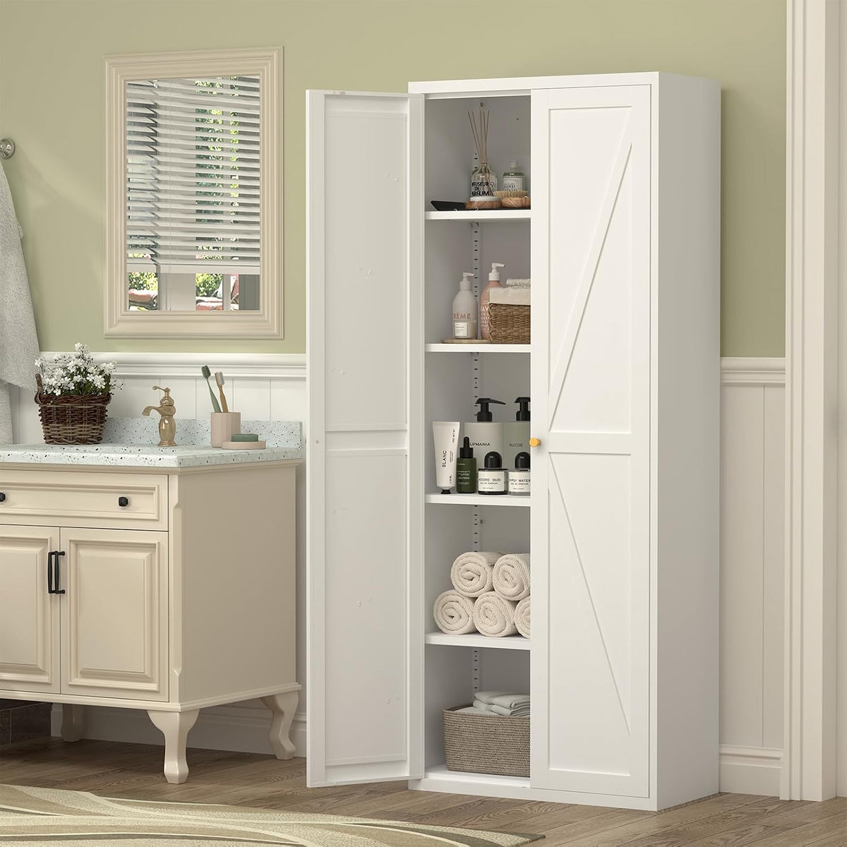 71" Tall Kitchen Pantry Storage Cabinet, Kitchen Storage Cabinet with Doors and 4 Adjustable Shelves, Metal Freestanding Cupboard for Garage Dining Room Living Room Bathroom, White
