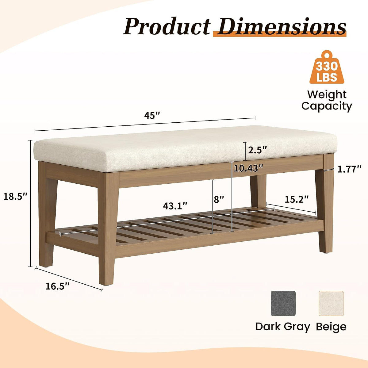 Apicizon 45" Shoe Rack Bench with Cushion, Solid Rubberwood Entryway Bench with Shoe Storage, Modern Chenille Upholstered Shoe Storage Bench for Hallway Bedroom Living Room Front Door Entrance, Beige