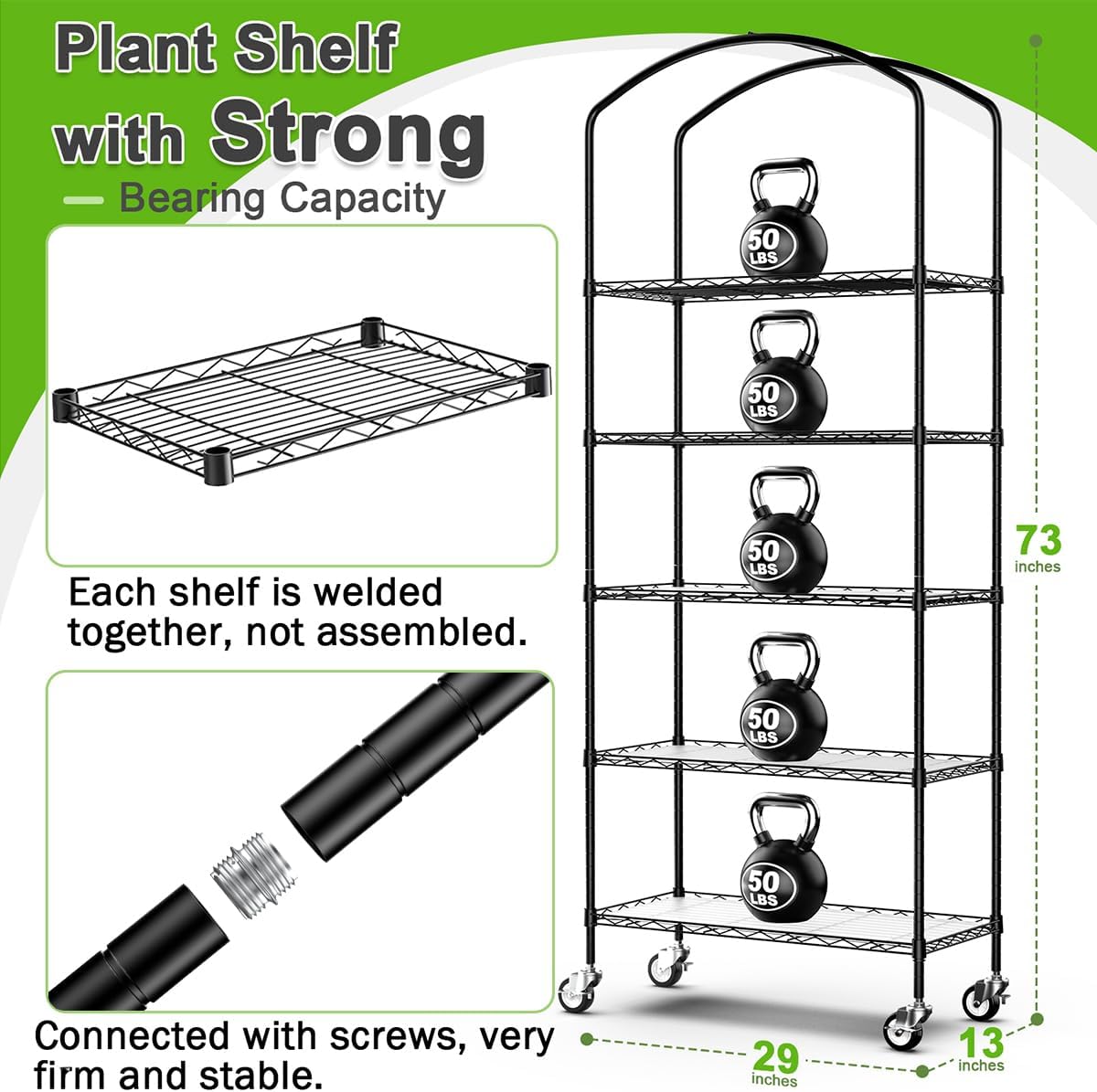 Abimars 5-Tier Greenhouse with Caster Wheel, Each Shelf Height Adjustable Metal Plant Shelf with PVC Cover for Seed Starting Trays, Seedling Pots, Plant Pots, 13x29x73inch