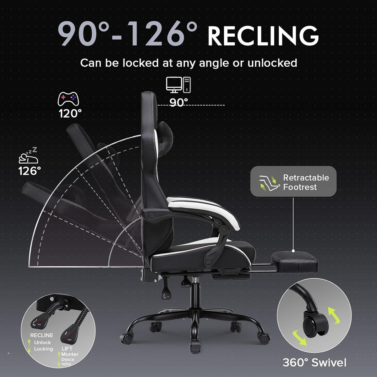 GTPLAYER Gaming Chair with Footrest, High Back Computer Chairs for Adults with Linkage Armrest Lumbar Support Heavy Duty 350lbs Ergonomic Swivel PC Game Chair for Office, White
