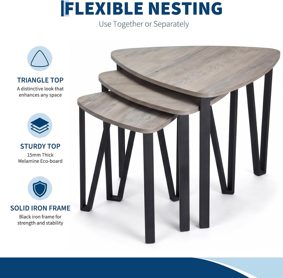 Nesting Coffee Tables Set of 3,Triangle Rustic Industrial Side End Tables for Home