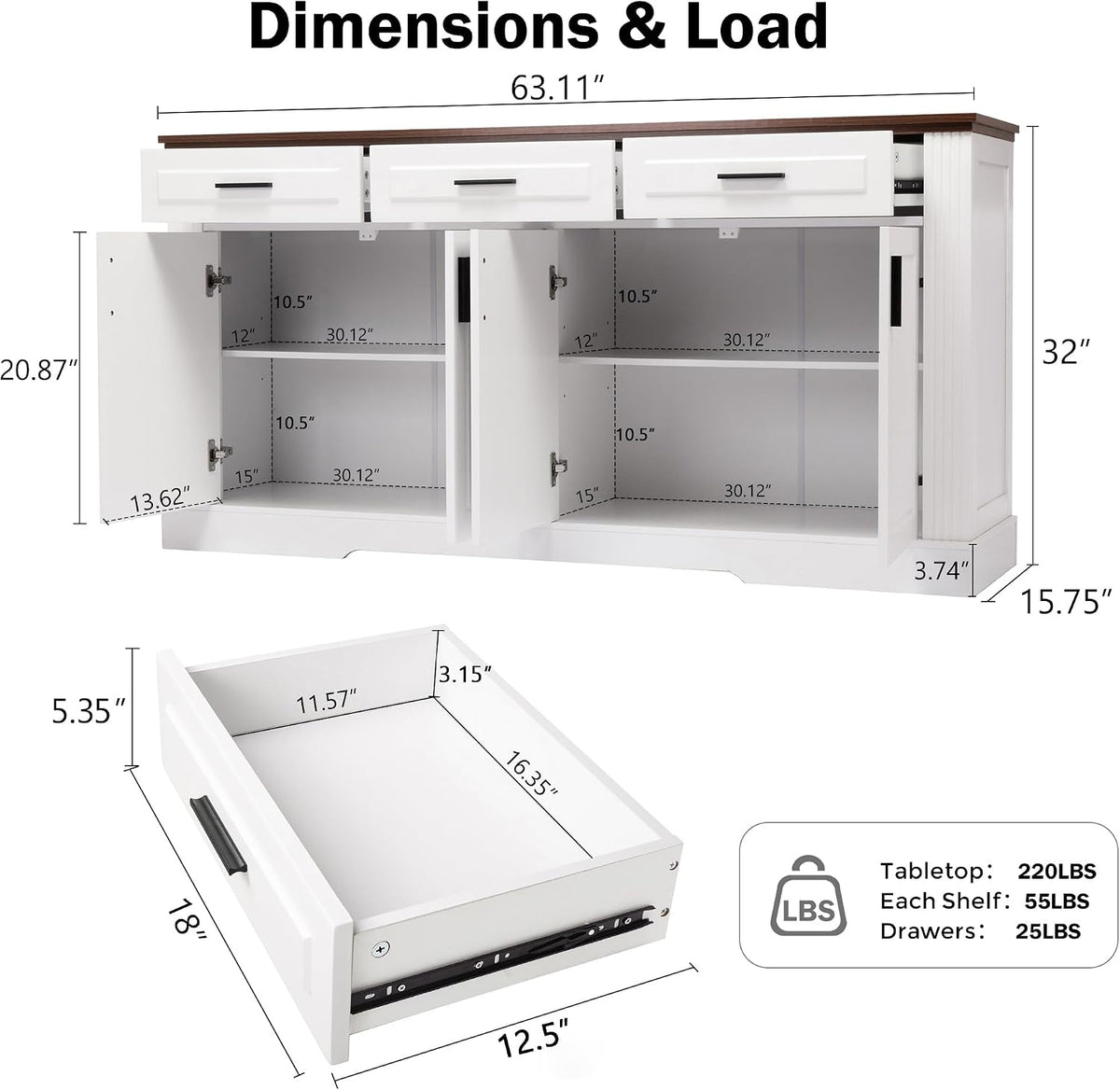 Modern Freestanding Storage Cabinet with Drawers Shelves and Countertop, Buffet Sideboard for Kitchen Living Room Entryway Office Coffee Bar (White-3 Drawer)