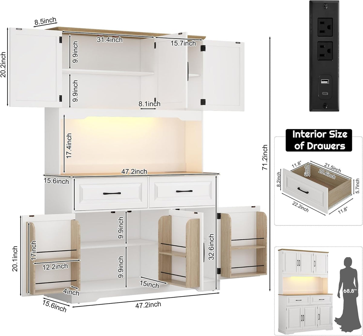 71" Tall 47" Wide Large Pantry Storage Cabinet w/ Power Outlet,LED Light,Farmhouse Kitchen Hutch Food Pantry Cabinet,2 Drawer,8 Doors Shelves,Open Countertop for Kitchens,Dining Room,white