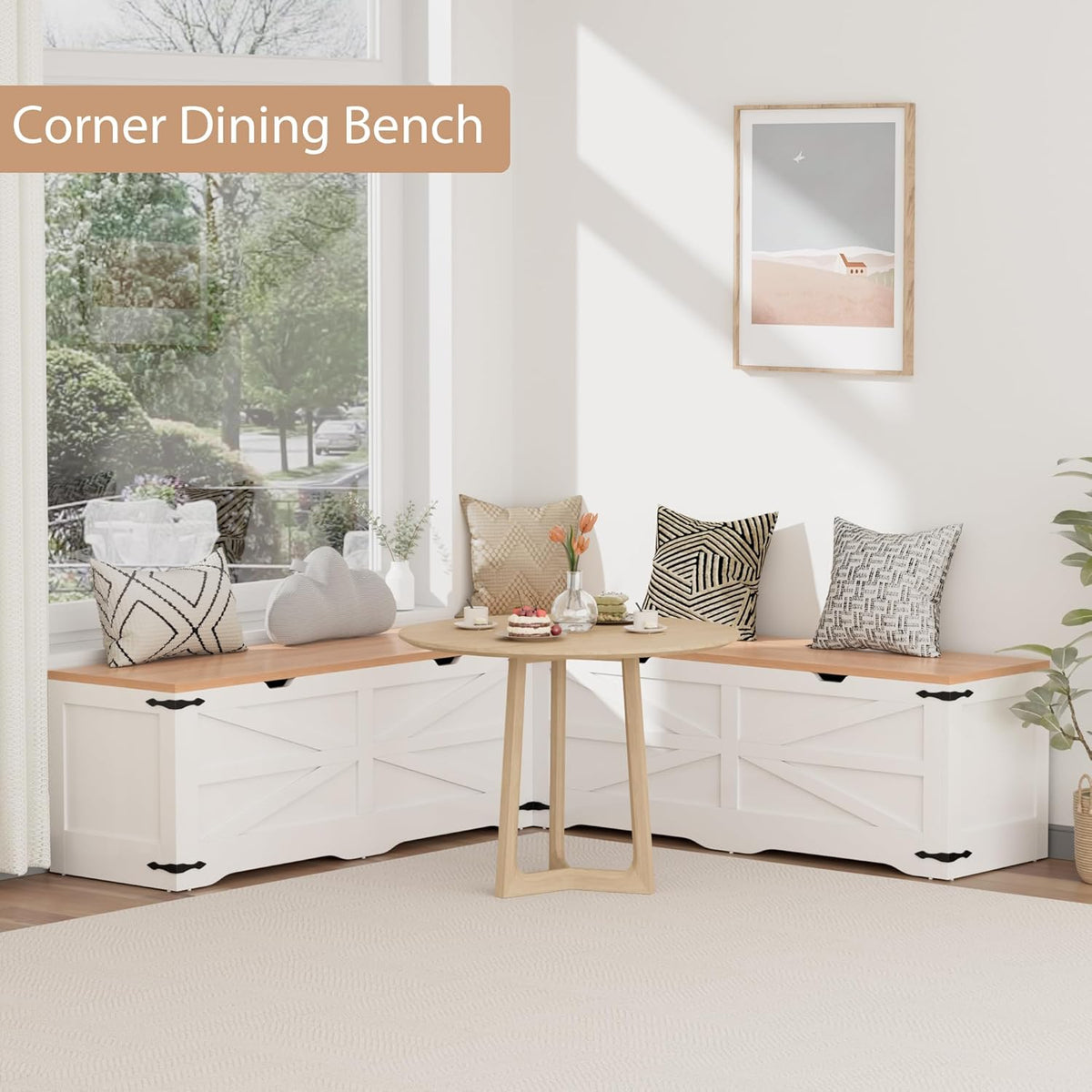 Godchoices Kitchen Breakfast Nook Bench, L Shape Corner Storage Bench, Farmhouse Corner Dining Bench with Hidden Storage for Dining Room, Living Room, Entryway
