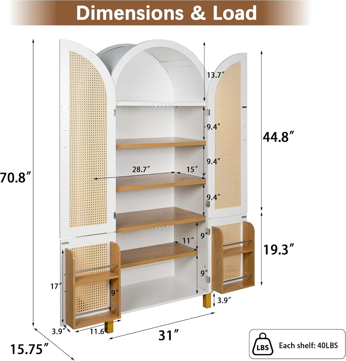 71" Tall Arched Cabinet with Rattan Doors & Adjustable Shelves, White | 4-Door Modern Farmhouse Storage Cabinet with Built-in Racks – Versatile Organizer for Kitchen, Dining Room, Study, Sturdy MDF