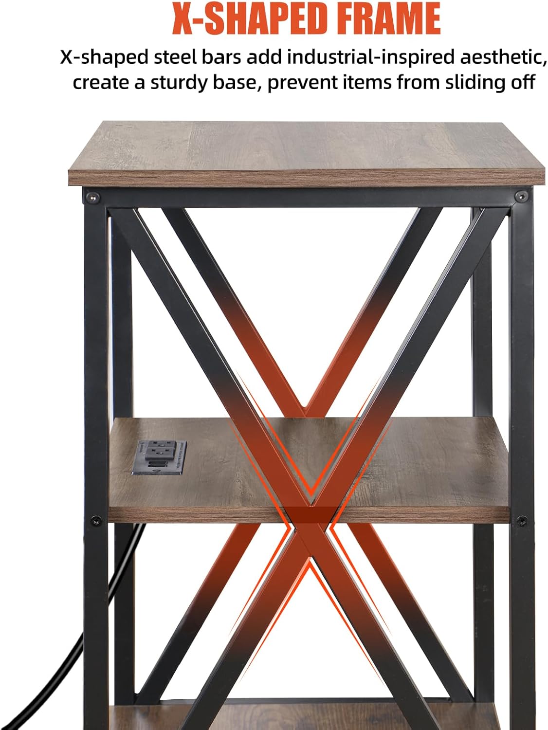 End Tables Living Room Set of 2, Square End Table with Charging Station, 16" D X 16" W X 28" H, Wood and Metal Table with USB Ports and Outlets, Side Table with Wheels for Living Room, Bedroom, Grey