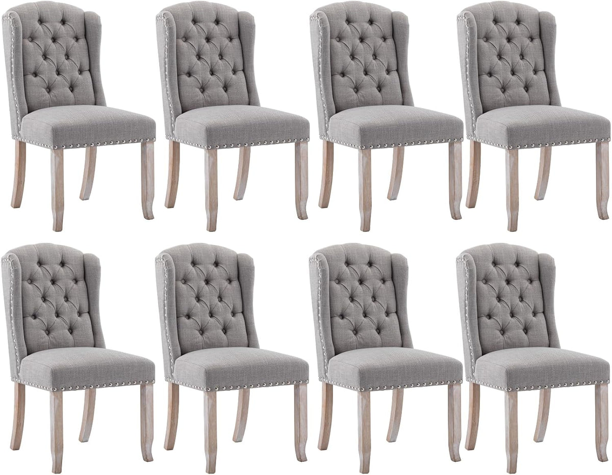 Ya-Home Modern Tufted Dining Chairs Set of 8, Upholstered Kitchen Room Side Chairs Accent Chairs with Wingback Nail Trims Wood Legs, Farmhouse Guest Chairs for Dining Room, Living Room, Linen Grey