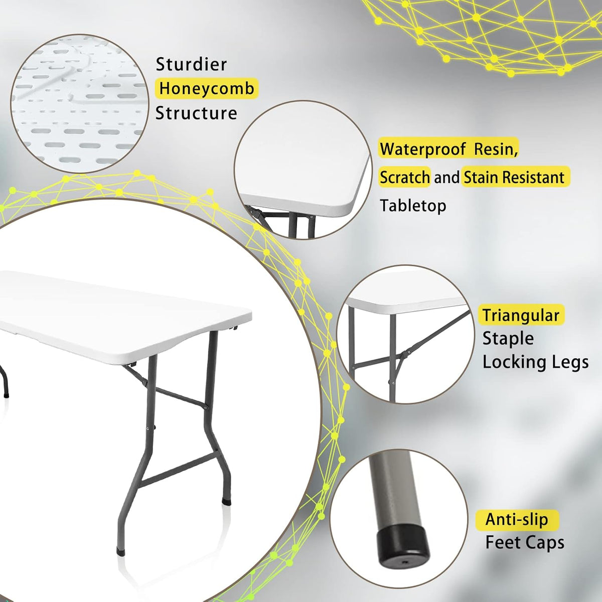 5FT Folding Table,Versatile Foldable Table,Portable | Utility folding table ideal for camping, picnics, parties, and indoor & outdoor events. Lightweight design, easy to store.
