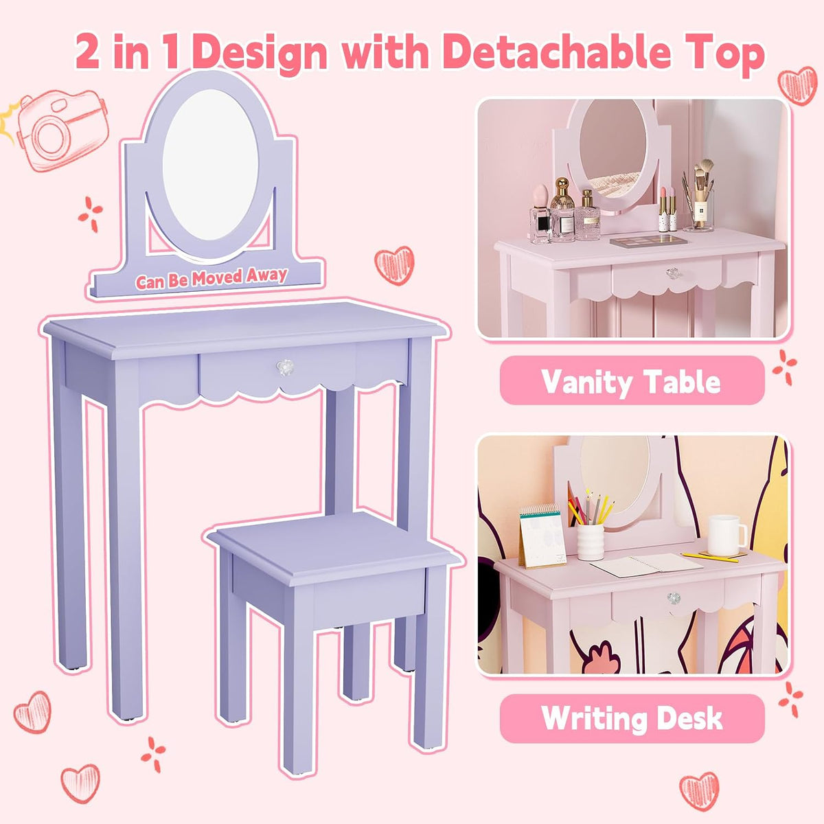 HLR Kids Vanity Set with Mirror Stool and Drawer for Little Girls, Purple | Girls Vanity Set, Wooden 2 in 1 Princess Makeup Desk Dressing Table with Detachable Top, Toddler Vanity Dresser Set
