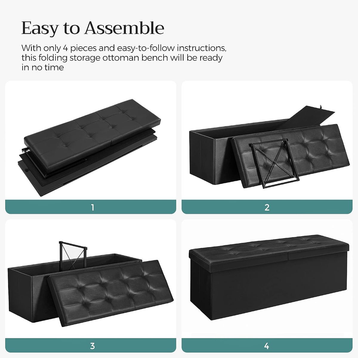 SONGMICS 43.3 Inches Folding Storage Ottoman Bench with Flipping Lid | Storage Chest Footrest Padded Seat, Iron Frame Support, Ink Black, MINOTA Collection ULSF75BK