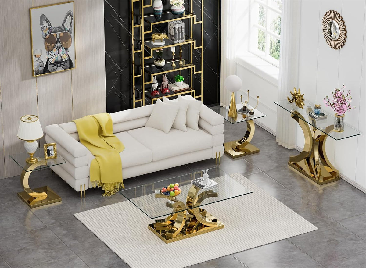 Modern Square Glass End Side Table with C-Shape Gold Stainless Steel Base, 22.83" Small Glass Top Bed Side Coffee Table Nightstand for Living Room Bedroom Office