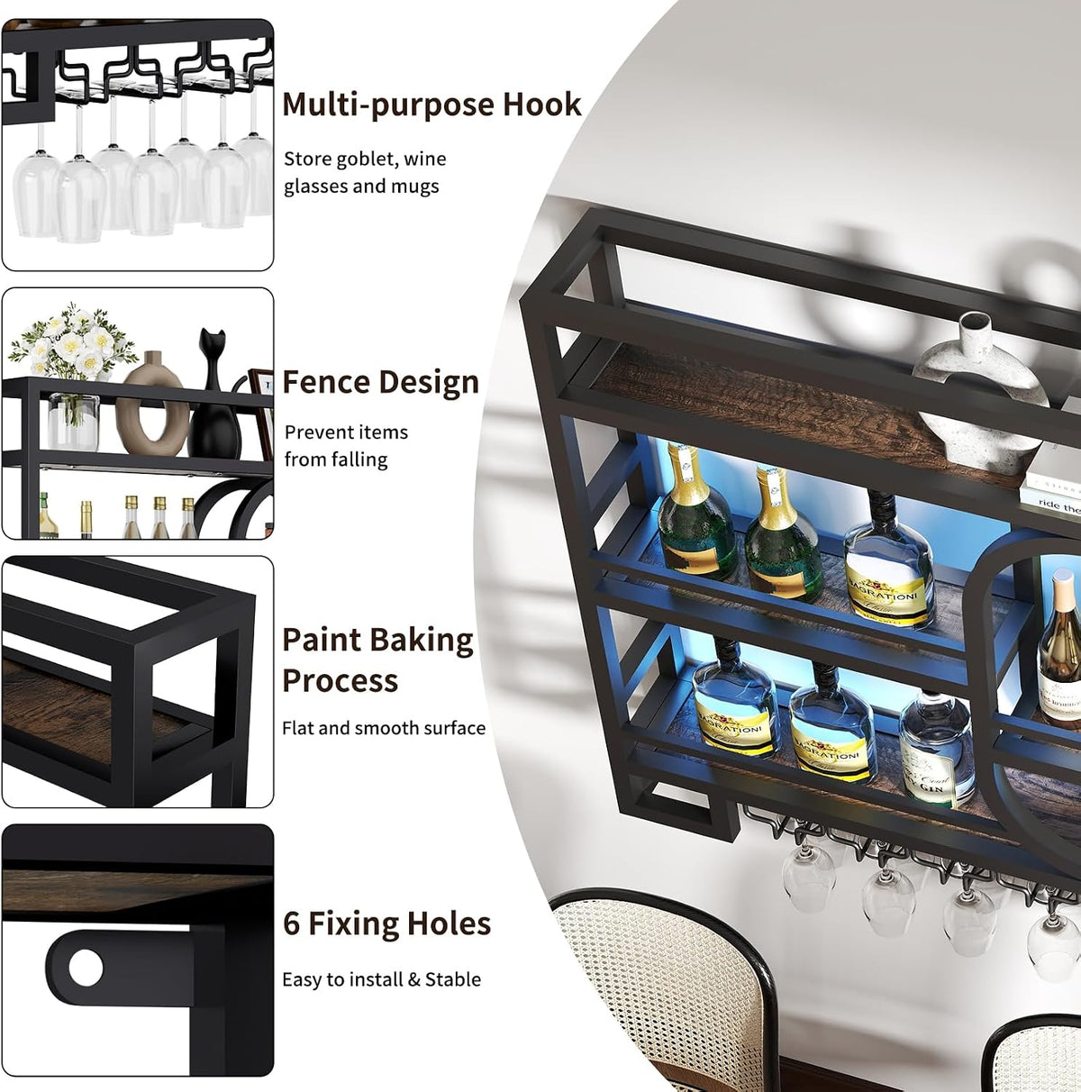 Boshen Fully Assembled 3-Tiers 47in Wine Rack Wall Mounted with LED Light | Floating Bar Shelves, Hanging Industrial Liquor Shelf, Wall-Mounted, Home, Bar, No Assembly Required, Glass Holder