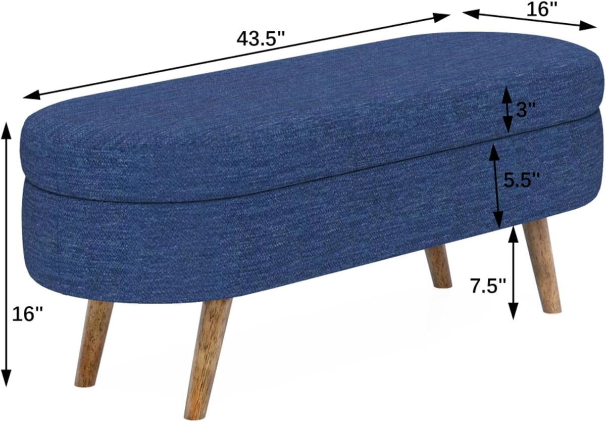 Oval Storage Ottoman Bench with Hidden Storage and Foam Padded Seat, Upholstered Entryway Footstool with Rubber Wood Legs, Decorative Bedroom End of Bed Accent Furniture for Living Room (Blue)