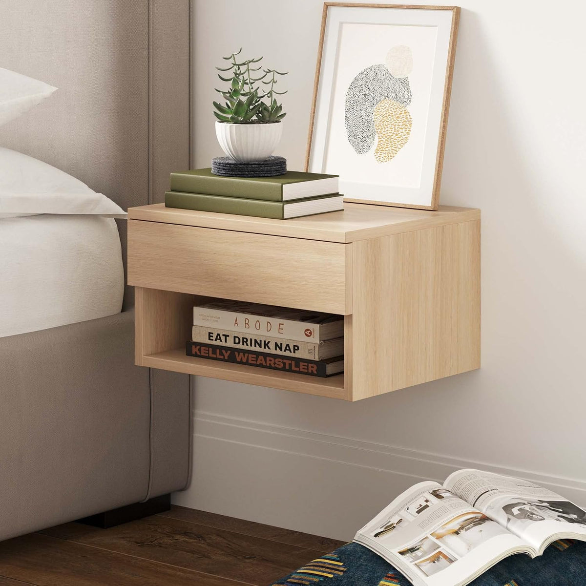 Nathan James Jackson Wall Mounted Floating Bedroom Nightstand with Storage Drawer and Modern Open Shelf Cubby, Light Oak Wood