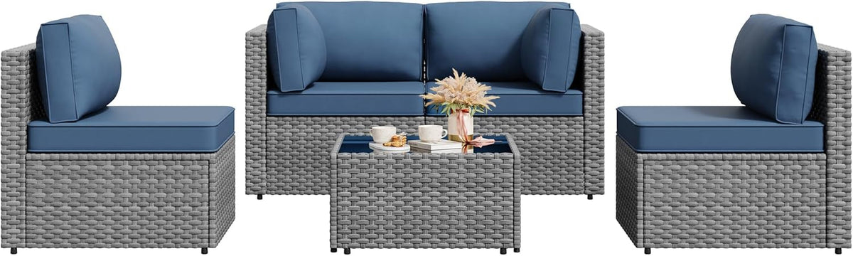 Vongrasig 5 Pieces Outdoor Sectional Furniture, All-Weather Rattan Patio Furniture Set, Wicker Patio Sectional Couch with Cushion, Glass Table, Navy Blue