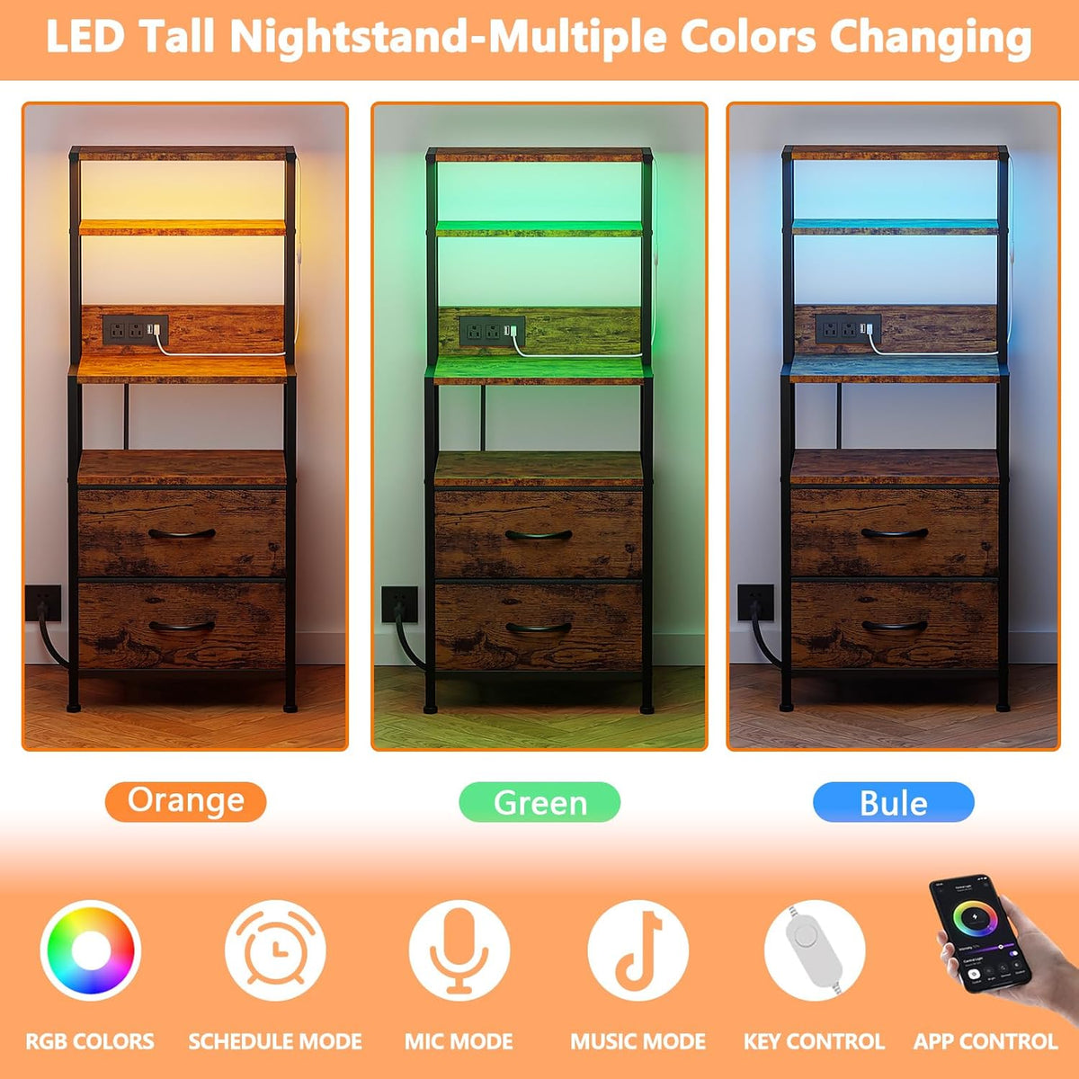 Furnulem Night Stand, Tall Nightstand with 4-Tier Shelves, 2 Fabric Drawers | RGB LED Lights, Bed Side & End Tables with Charging Station, Bedside Table for Bedroom, Office, Dorm Rustic Brown