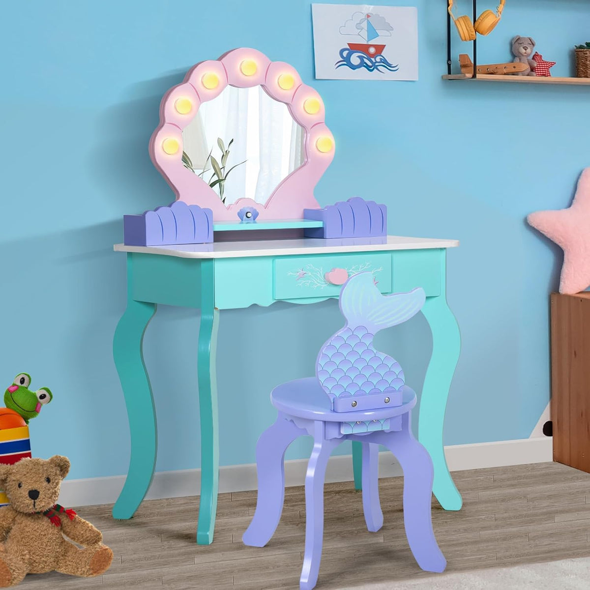 BRINJOY Kids Vanity with Lighted Mirror and Chair | Wooden Princess Vanity for Girls, 2 in 1 Ocean Theme Children Dressing Table Set, Little Girl Makeup Vanity with Mirror Gift
