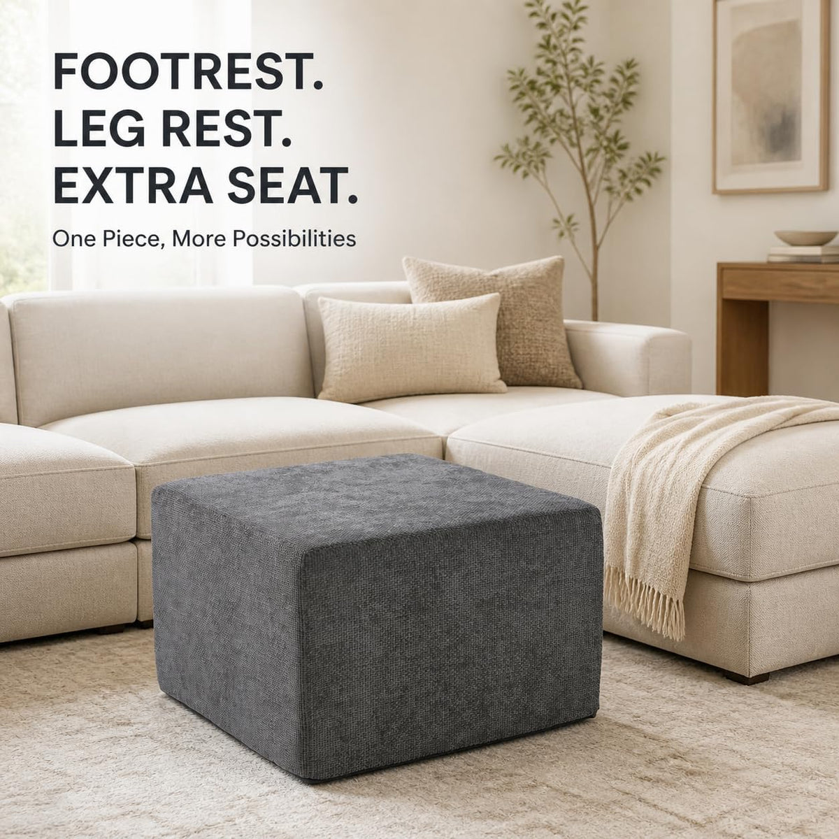 MONVANE 27.5" Square Ottoman, Modular Foot Rest, Grey | Matches Modular Sectional Cloud Couch, Footstool for Living Room, No Assembly Required, High-density Resilient Foam