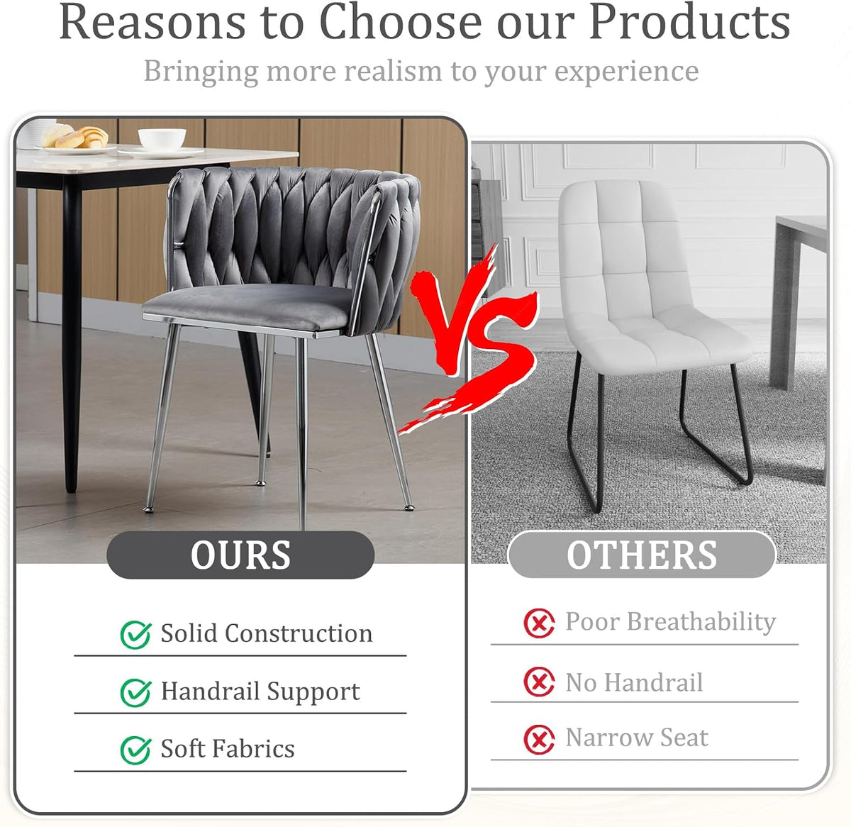 Modern Velvet Dining Chairs Set, Upholstered Dining Chair with Woven Back and Silver Metal Legs, Modern Armchair for Living Room/Kitchen/Bedroom (Gray, 2pcs)