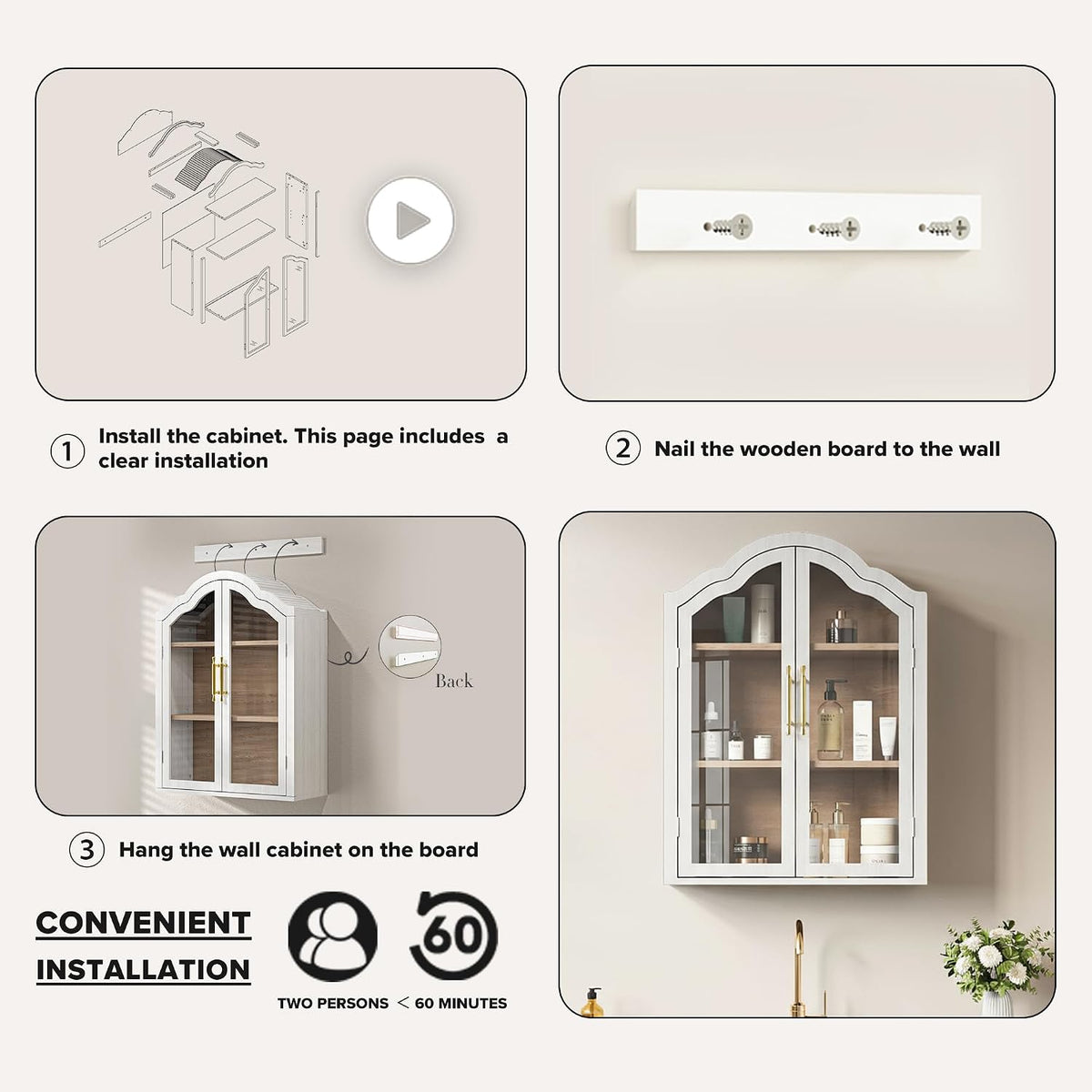 FIMELLO 23.6’’W Wave Design Arched Wall Cabinet, Bathroom Cabinet with Glass Doors Adjustable Shelf, Above Toilet Cabinet, Kitchen Wall Cabinet, Wall Bookshelf, White Grain