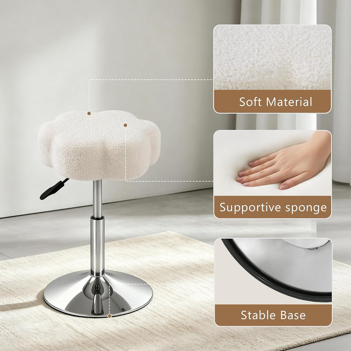 LITZFUR Adjustable Vanity Stool, Swivel Makeup Chair for Vanity, White | Flower Shaped Vanity Chair, Patterned Small Ottoman Footrest for Bathroom, Bathroom, Living Room
