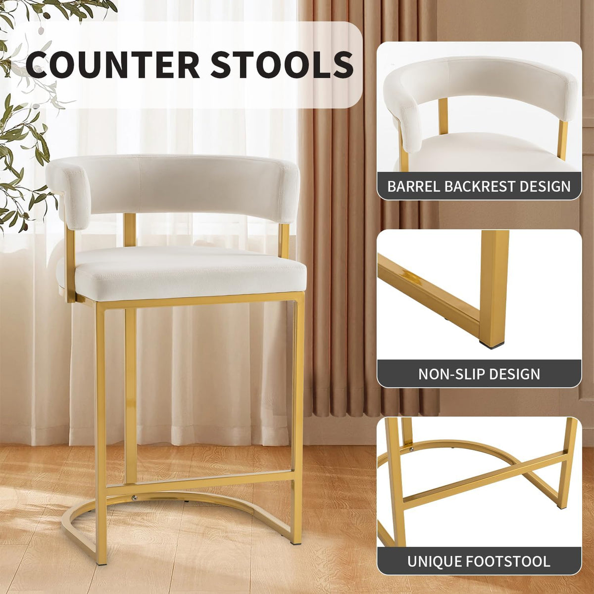 Modern Barrel Bar Stools Set of 2, 24" Velvet Counter Height Stools with Comfy Back and Arms, Sherpa Upholstered Kitchen Island Chair for Home Bar, Ivory