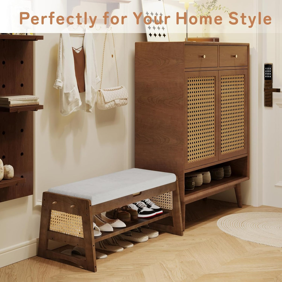 Shoe Rack Bench with Flip-Top Storage, 27.6" W x 15.7" H Solid Wood Entryway Bench Shoe Organizer with Cushion Side Hooks for Front Door Entrance Hallway Foyer Closet Living Room Bedroom