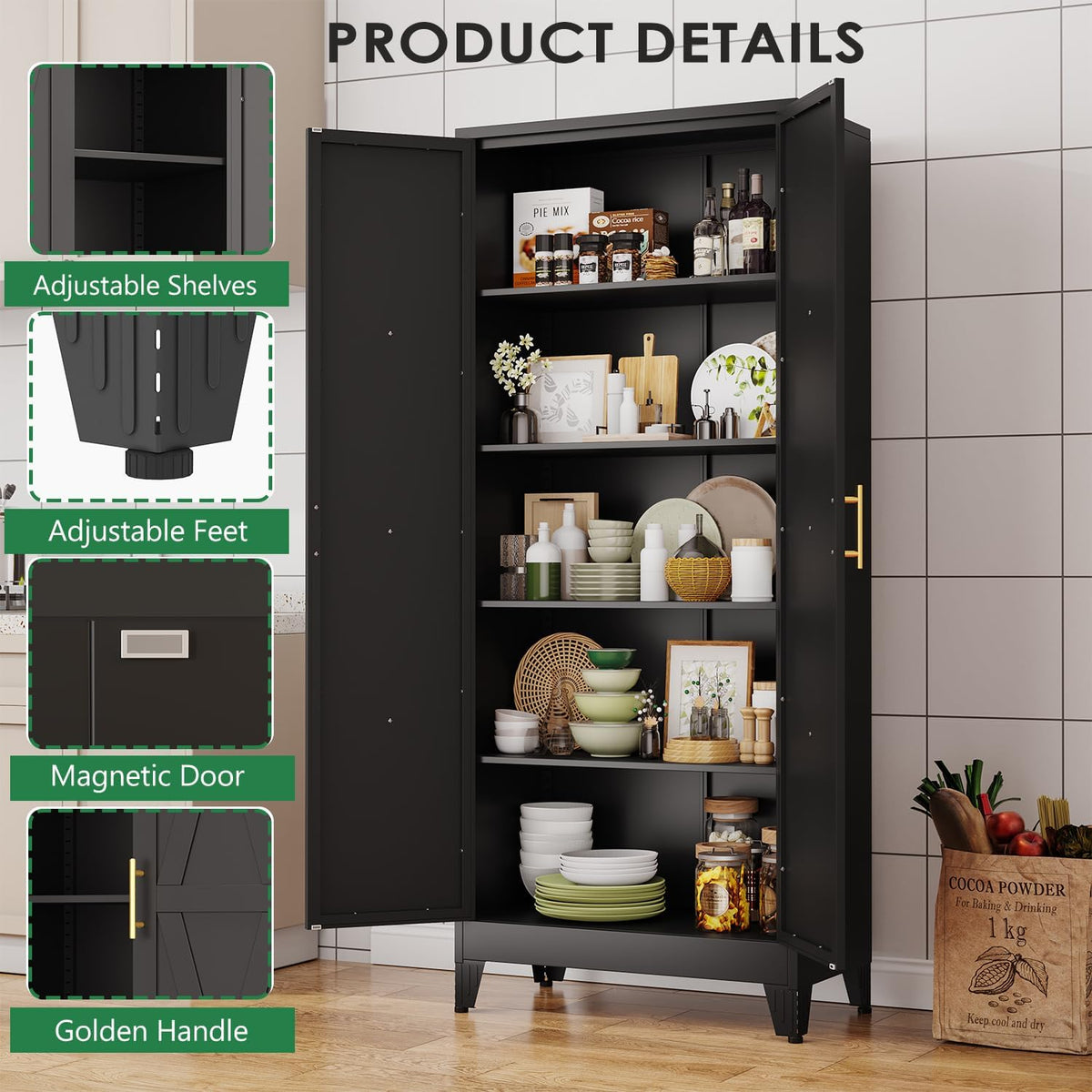 pozdeg 71" Tall Kitchen Pantry Cabinet, Metal Storage Cabinet with 2 Doors and 4 Adjustable Shelves, Black Food Pantry Cupboard for Kitchen, Dining Room, Living Room and Bathroom (Black)