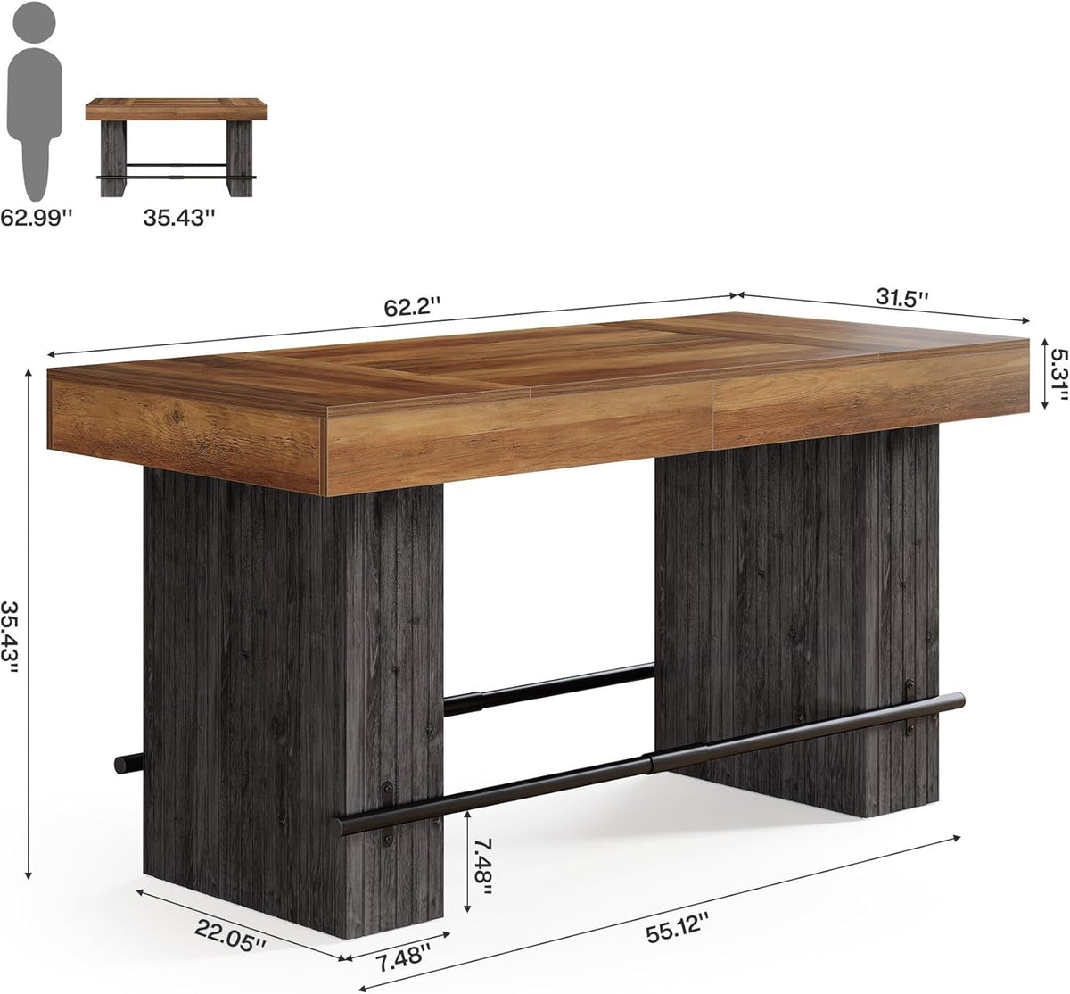 Tribesigns 62.2-Inch Dining Table for 4-6, Counter Height Dining Room Table with Footrest, High Top Kitchen Bar Table for Living Room, Kitchen, Pub