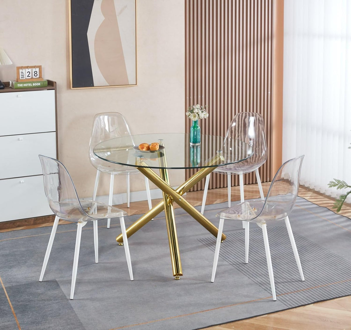 Modern Dining Room Table for 4 People, 36" Round Dining Table with Gold Chrome Metal X-Base, Circle Tempered Glass Dining Room Tables, Small Dining Table Kitchen Tables Dinner Tables