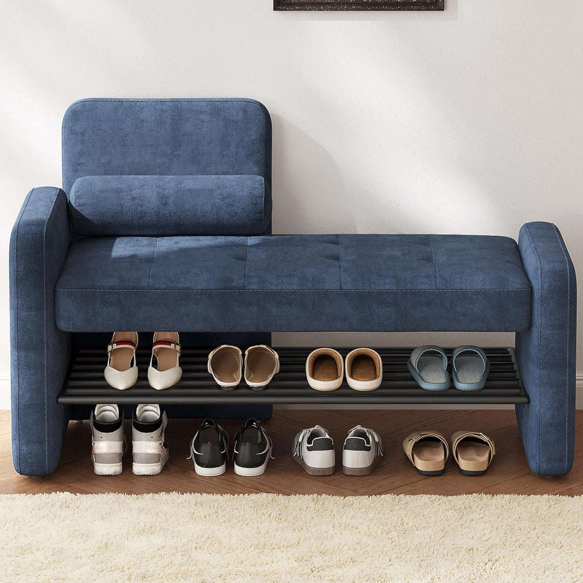 40.94" Entryway Shoe Rack with Cushion Padded Seat, 2-Tier Shoe Bench with Backrest & Armrest, Stable Shoes Organizer for Living Room, Bedroom, Entry, Hallway