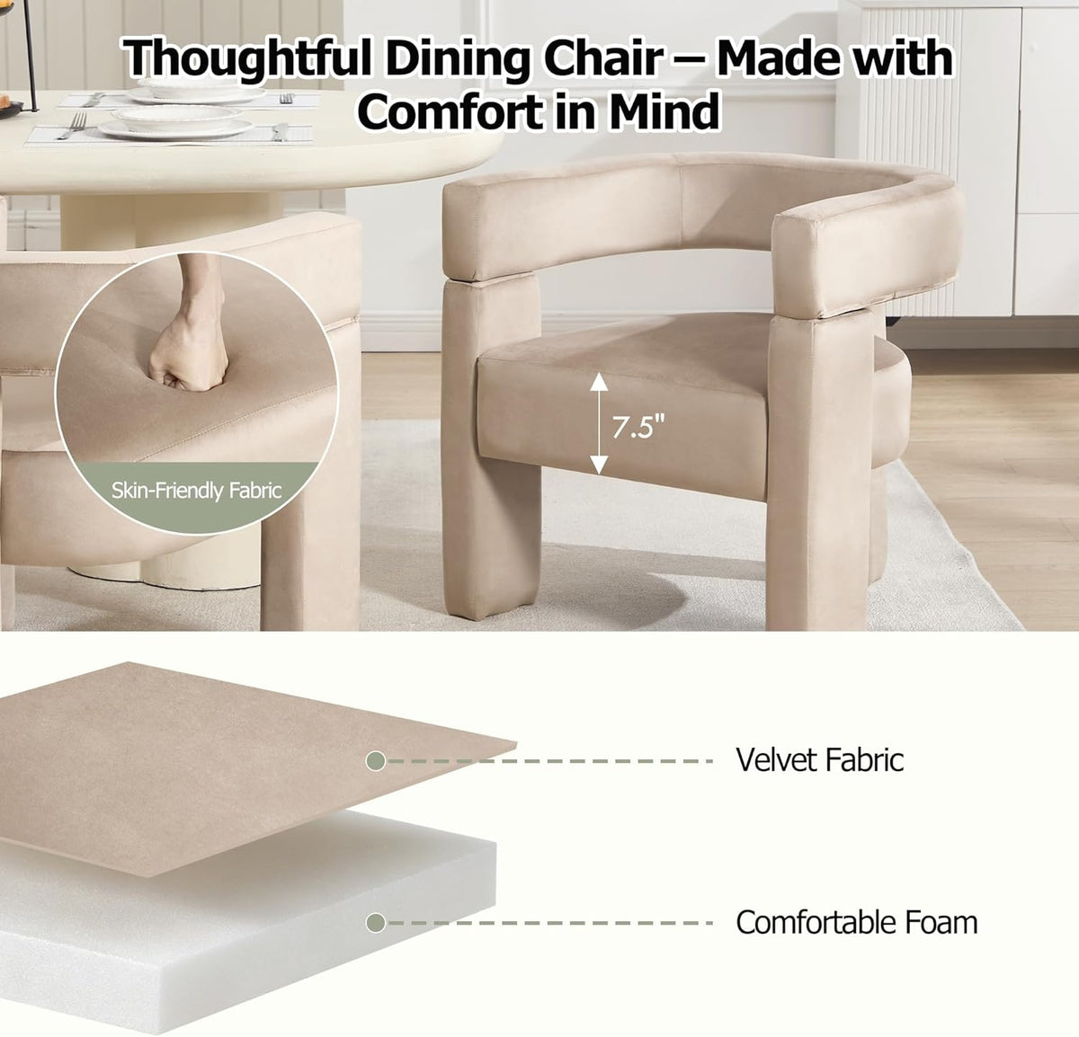 Modern Accent Barrel Chairs Set of 4, Velvet Upholstered Armchairs with 3 Legs, Comfy Leisure Reading Chair for Dining/Living Room/Bedroom/Office/Apartment, Khaki