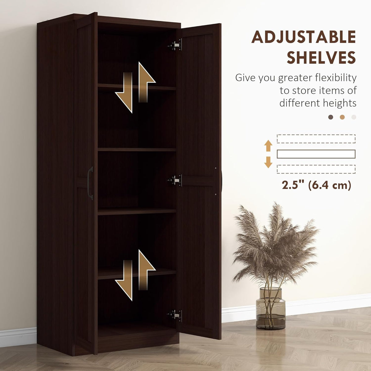 HOMCOM 63" 2-Door Kitchen Pantry 5-Tier Cinnamon Cherry Wood Grain | Freestanding Storage Cabinet, Shelving, 2 Adjustable Shelves, for Dining Room