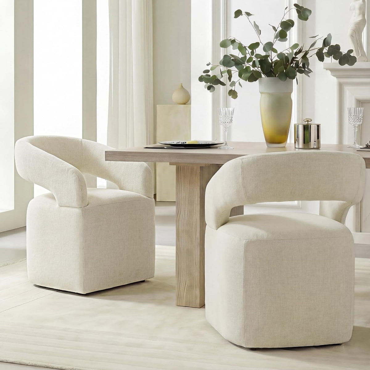 KISLOT Upholstered Dining Chairs Set of 2, Modern Arm Kitchen & Dining Room Chairs with Hidden Casters, Linen Fabric Padded Rolling Chairs, Sturdy Wood Frame, 300 lbs Capacity, Cream Beige
