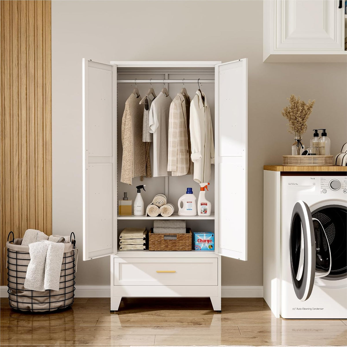 Metal Wardrobe Closet Hanging Rod 71" Tall, Heavy Duty Steel Armoire Wardrobe Cabinet, Clothing Storage Cabinet for Bedroom, Office, Laundry Room, 1 Drawer, White