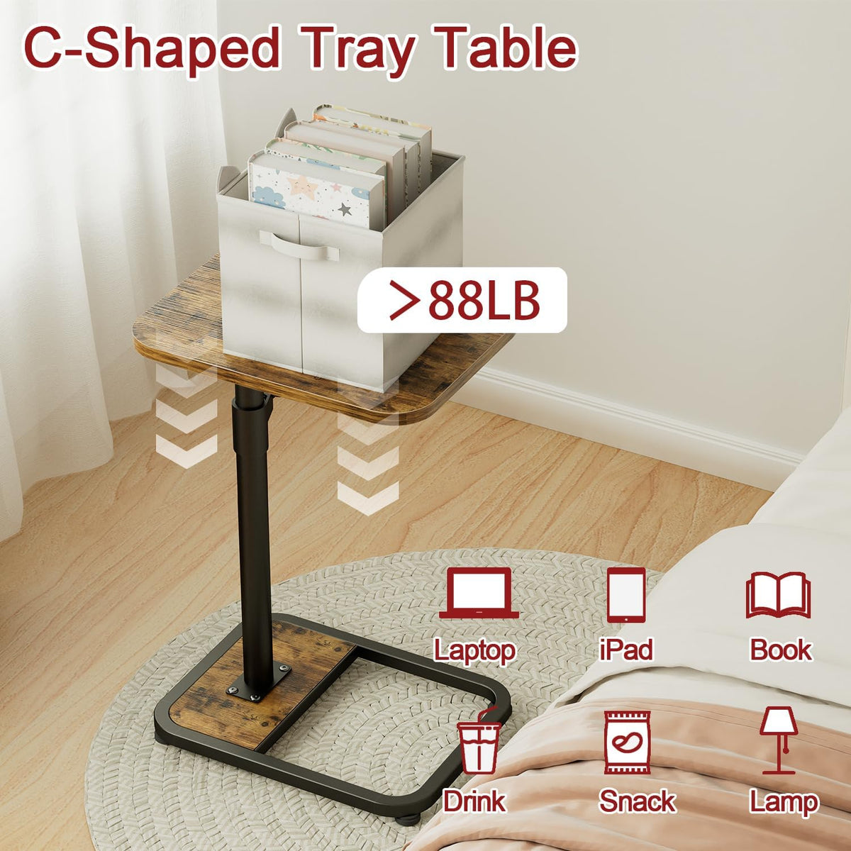 GOYLSER C-Shaped Tables Small Swivel End Table, Height Adjustable Side Tables Living Room, Rotating Snack Couch Wooden Tv Trays for Eating On Couch, Rustic Brown