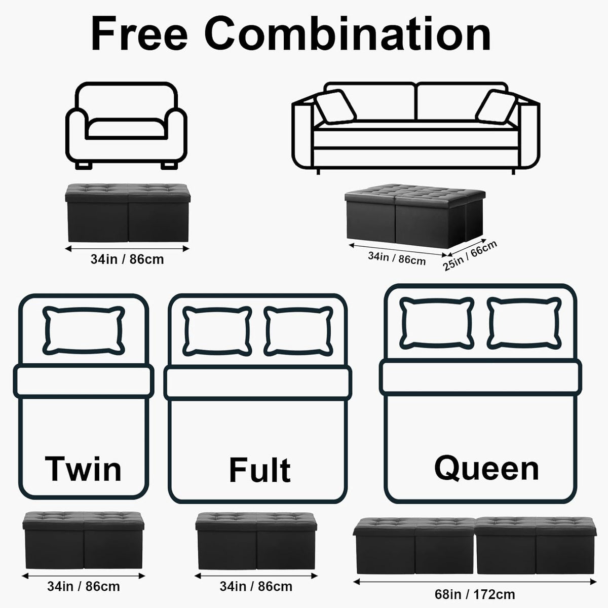 AmasSmile Footrest Ottoman Storage Bench,34" Leather Folding Chest,Black | Large Ottoman with Storage,Thicker Foam Padded Seat,Livingroom,Dorm,Bedroom,Entryway,Easy to install,34 x 13 x 13in