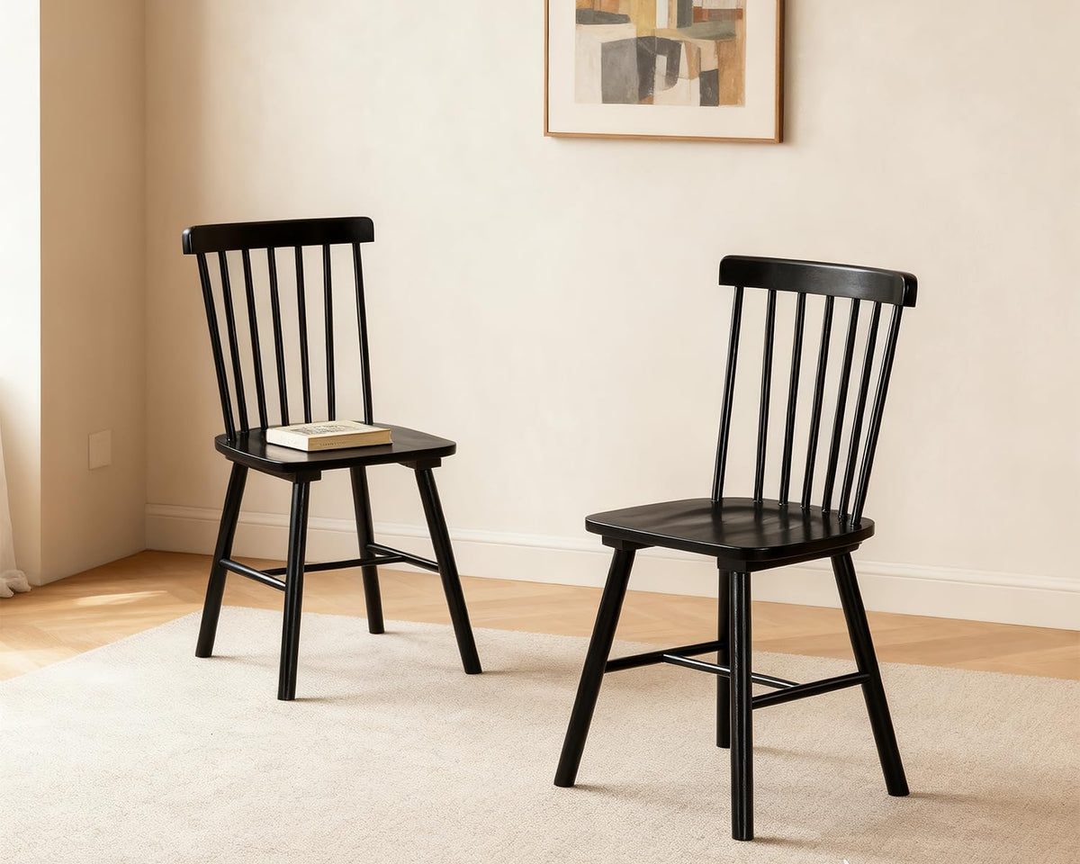 PrimeZone Windsor Dining Chairs Set of 4 with Spindle Back, Black | Solid Rubber Wood Farmhouse Kitchen Chair, Mid-Century Modern Side Dining Chair for Dining Room, Kitchen & Restaurant