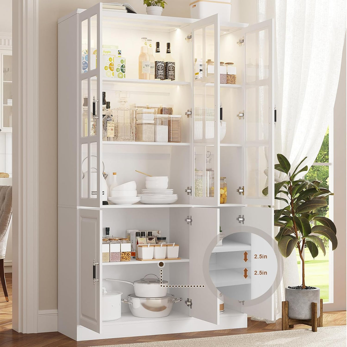 MEISSALIVVE 78.7" Kitchen Pantry Storage Cabinet with LED Lights, Tall Pantry Cabinet with Glass Doors, Kitchen Hutch Utility Pantry, White (47.2" W x 15.7" D)