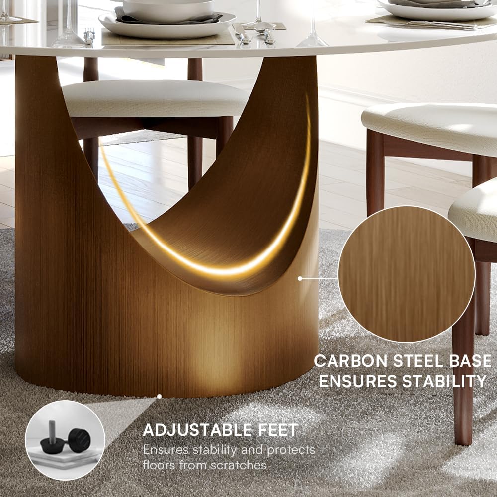 POVISON 59" Round Dining Table for 6 with Lazy Susan, Glossy White Sintered Stone Dining Tabletop with 31" Lazy Susan, Bronze Carbon Steel Pedestal, Modern Dining Table for Living Room (Table Only)