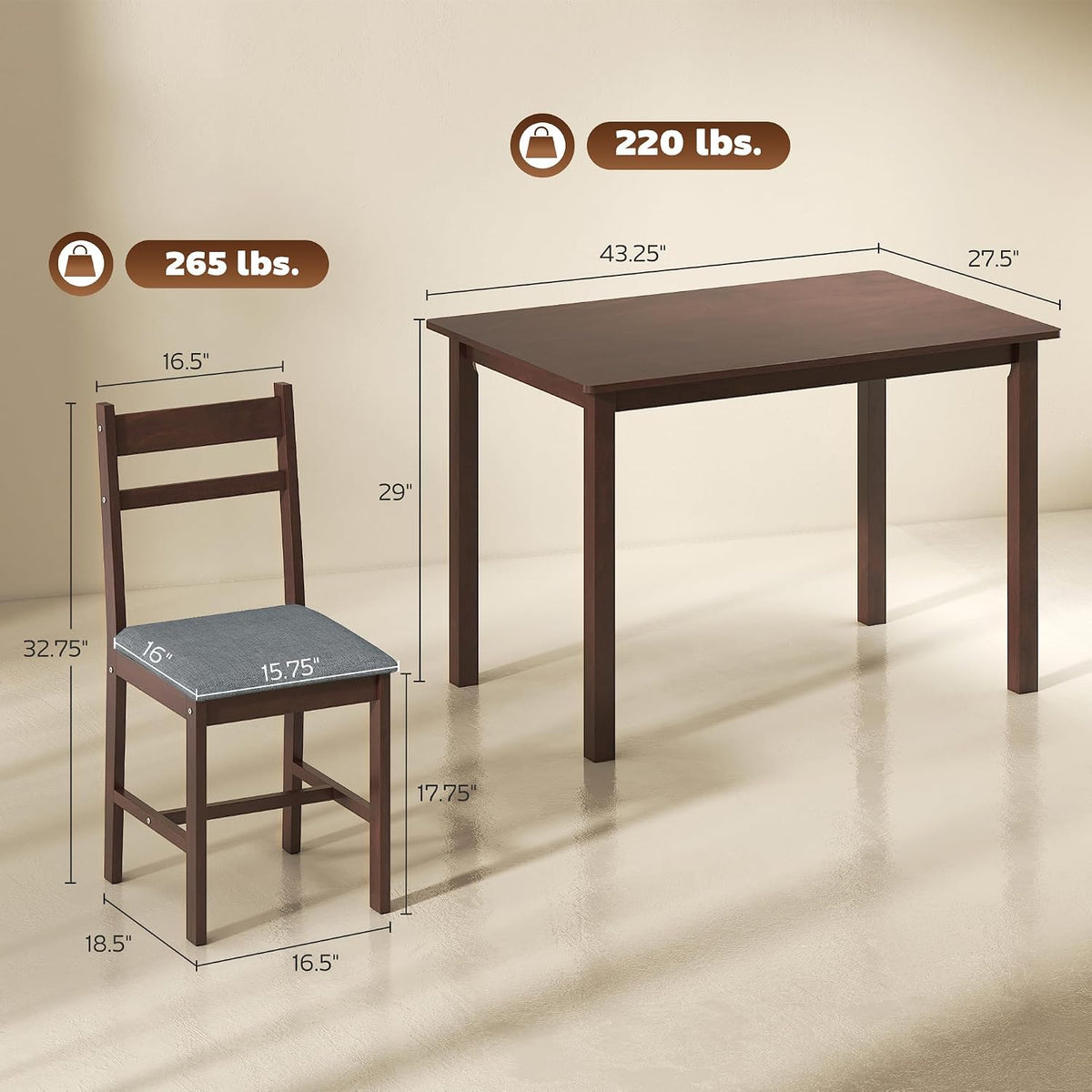 HOMCOM 5-Piece Solid Wood Dining Table Set for 4, Walnut and Gray | Farmhouse Kitchen Table, Upholstered Chairs, Small Space, Dining Room, Breakfast Nook