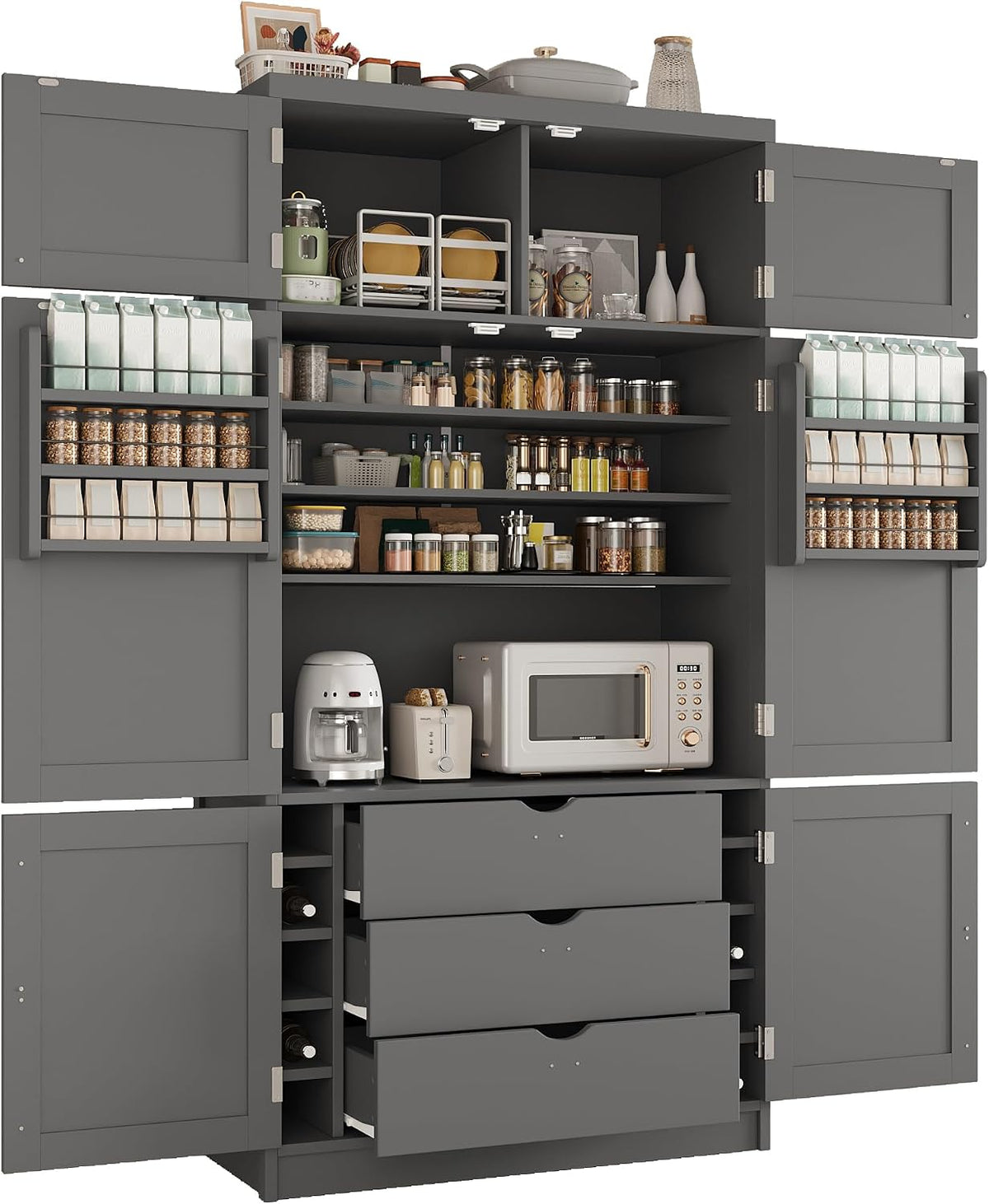Kitchen Pantry Cabinet, Freestanding Tall Cupboard Storage Cabinet with Power Outlets, Adjustable Shelves and Door Shelves for Living Room, Kitchen (Grey)