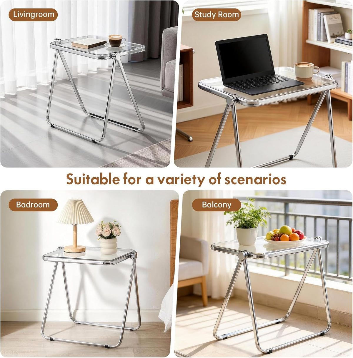 Folding TV Tray Table, Acrylic Foldable Side Desk - No Assembly, Space Saving Tiny Portable Laptop Desk for Small Spaces, Couch, Bedroom, Dorm (Clear)