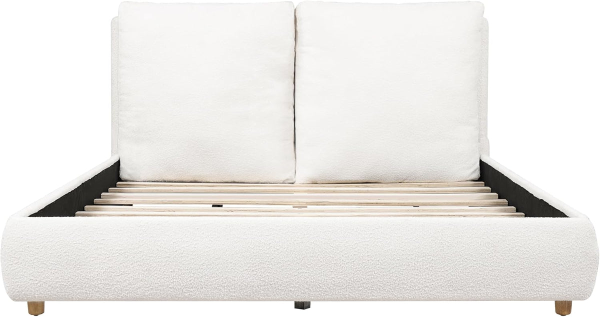 Merax Queen Boucle Platform Bed with 2 Removable Headboard Pillows, White