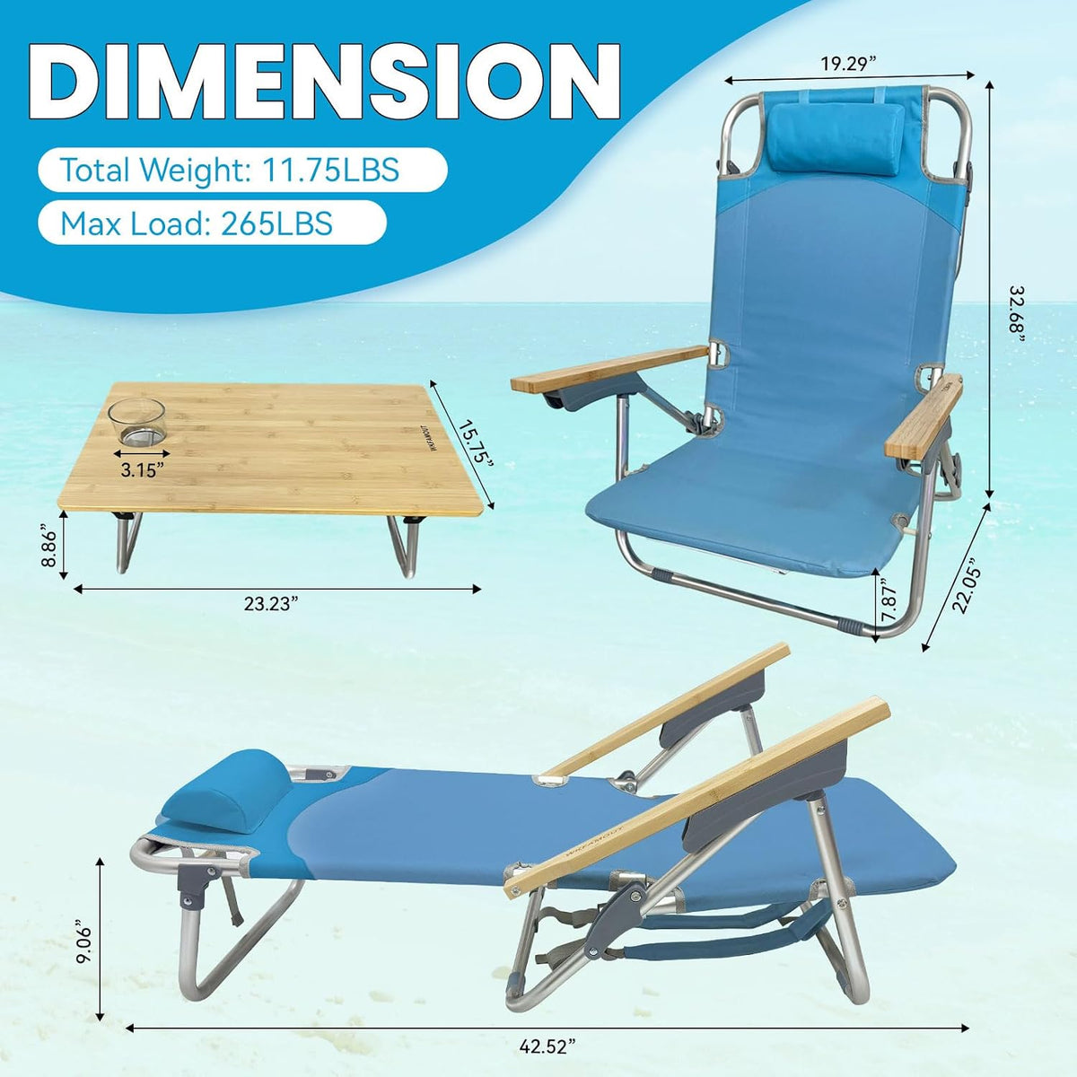 2 Pack Low Backpack Beach Chair with Folding Bamboo Table for Adults, 5-Position Lay Flat Reclining Chair Lightweight with Cooler Bag Supports 265 lbs