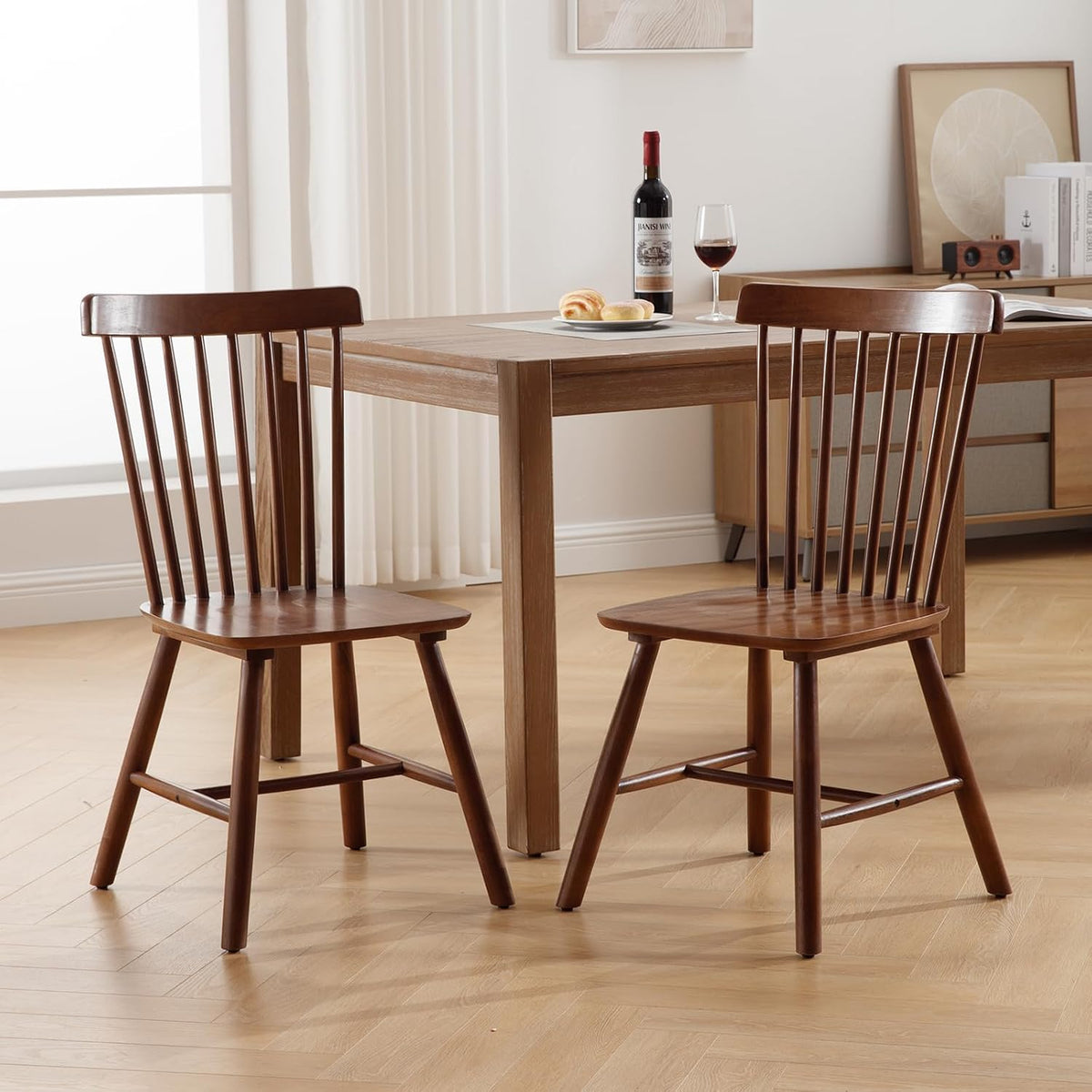 Windsor Dining Chairs Set of 2, Farmhouse Kitchen & Dining Room Chairs with Spindle Back, Comfy Armless Solid Wood Side Chair for Home/Living Room/Restaurant, Walnut Wood