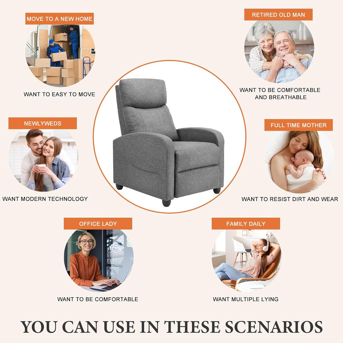 OLIXIS Recliner Chair for Adults, Home Theater Seating with Lumbar Support | Fabric Reclining Sofa Chair Seat for Living Room, Recliners, Gray
