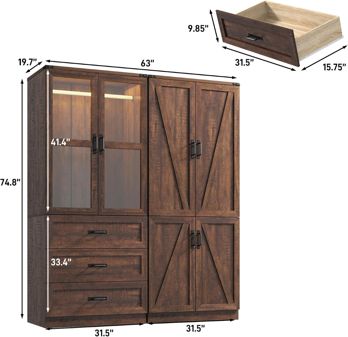 75" Tall Farmhouse 4 Doors Armoire Wardrobe Closet with 3 Drawers and LED,Freestanding Closet Wardrobe Cabinet for Bedroom with Hanging Rod,Wooden Armoire Storage Cabinet with Adjustable shelve(Brown)